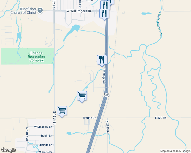 map of restaurants, bars, coffee shops, grocery stores, and more near 2308 South Mitchell Drive in Kingfisher