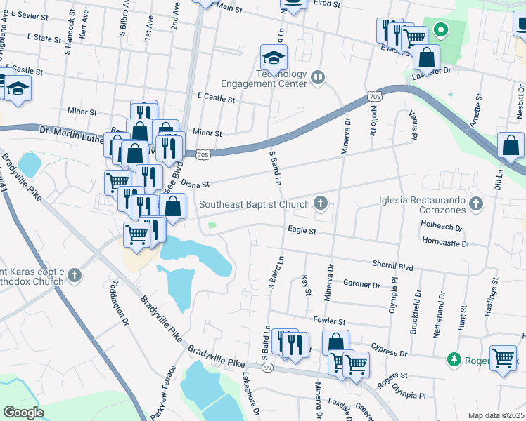 map of restaurants, bars, coffee shops, grocery stores, and more near 1418 Atlas Street in Murfreesboro