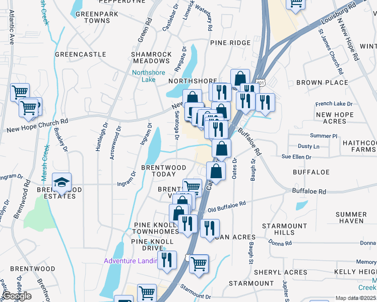 map of restaurants, bars, coffee shops, grocery stores, and more near 3809 Pine Knoll Drive in Raleigh