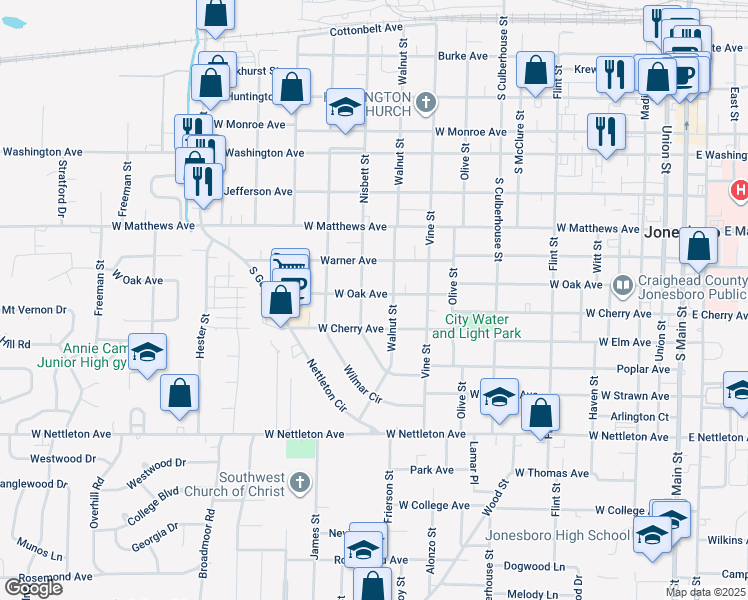 map of restaurants, bars, coffee shops, grocery stores, and more near 1009 West Oak Avenue in Jonesboro