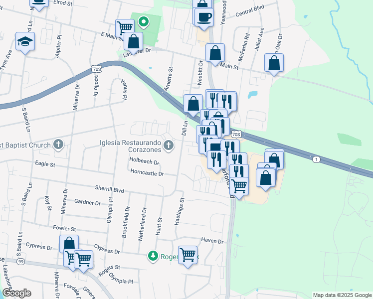 map of restaurants, bars, coffee shops, grocery stores, and more near 2961 South Rutherford Boulevard in Murfreesboro