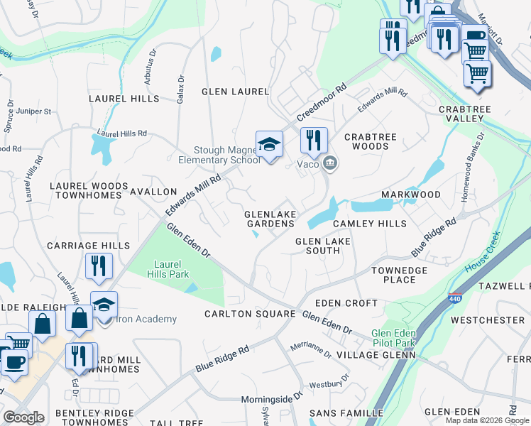 map of restaurants, bars, coffee shops, grocery stores, and more near 4013 Periwinkle Blue Lane in Raleigh