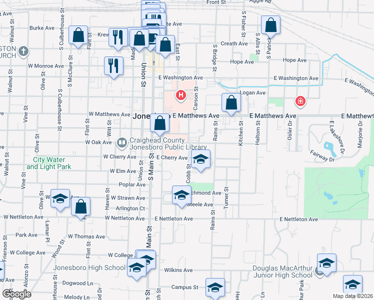 map of restaurants, bars, coffee shops, grocery stores, and more near 1005 Cobb Street in Jonesboro