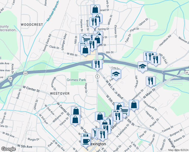 map of restaurants, bars, coffee shops, grocery stores, and more near 23 Grimes Circle in Lexington