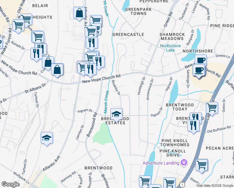 map of restaurants, bars, coffee shops, grocery stores, and more near 3705 Brinkley Drive in Raleigh