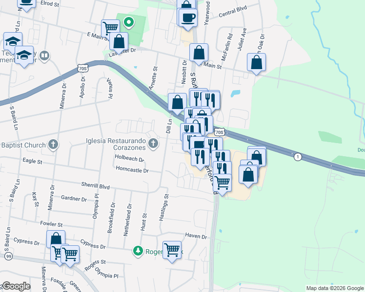 map of restaurants, bars, coffee shops, grocery stores, and more near 2961 South Rutherford Boulevard in Murfreesboro