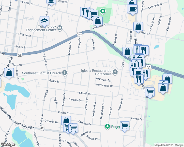 map of restaurants, bars, coffee shops, grocery stores, and more near 607 Olympia Place in Murfreesboro