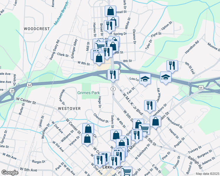 map of restaurants, bars, coffee shops, grocery stores, and more near 23 Grimes Circle in Lexington