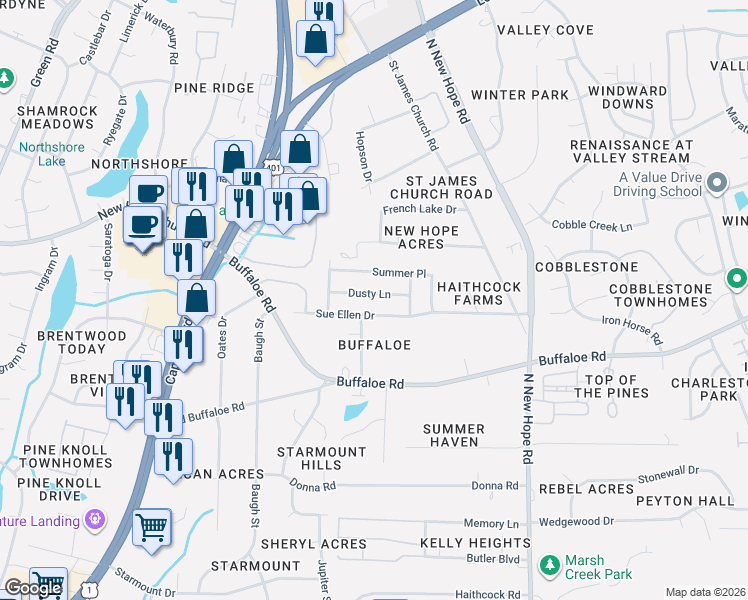 map of restaurants, bars, coffee shops, grocery stores, and more near 3724 Dusty Lane in Raleigh