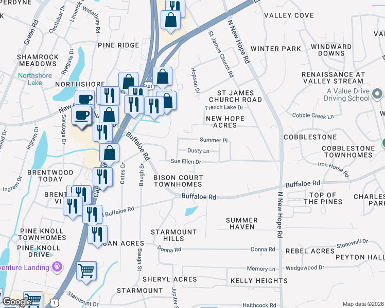 map of restaurants, bars, coffee shops, grocery stores, and more near 3724 Dusty Lane in Raleigh