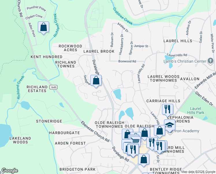 map of restaurants, bars, coffee shops, grocery stores, and more near 4005 George V Strong Wynd in Raleigh