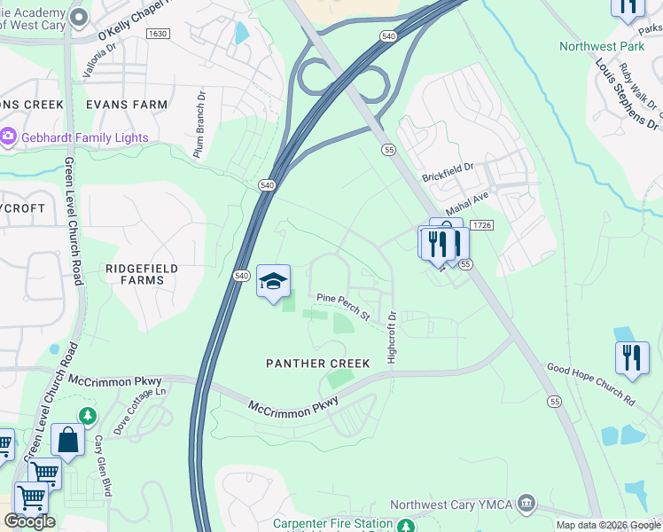 map of restaurants, bars, coffee shops, grocery stores, and more near 1011 Alston Manor Street in Cary