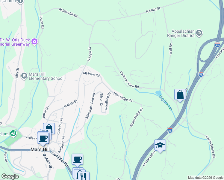 map of restaurants, bars, coffee shops, grocery stores, and more near 105 Pine Ridge Road in Mars Hill