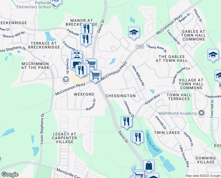 map of restaurants, bars, coffee shops, grocery stores, and more near 3224 Rapid Falls Road in Morrisville