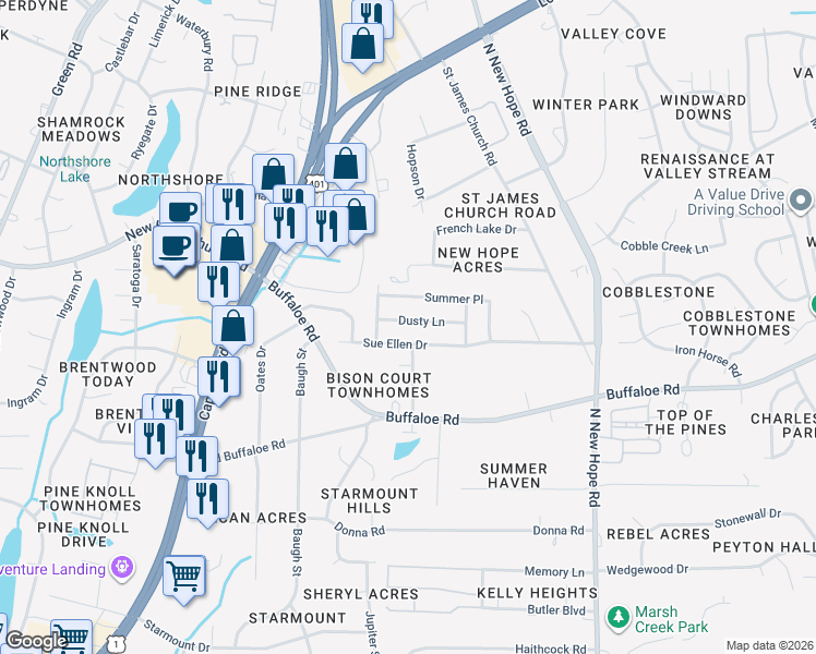 map of restaurants, bars, coffee shops, grocery stores, and more near 3724 Dusty Lane in Raleigh