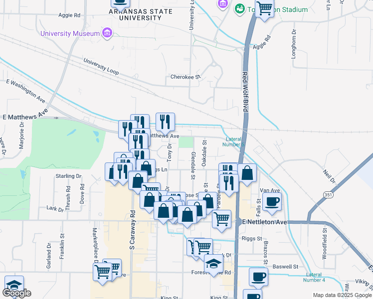 map of restaurants, bars, coffee shops, grocery stores, and more near 906 Markle Street in Jonesboro