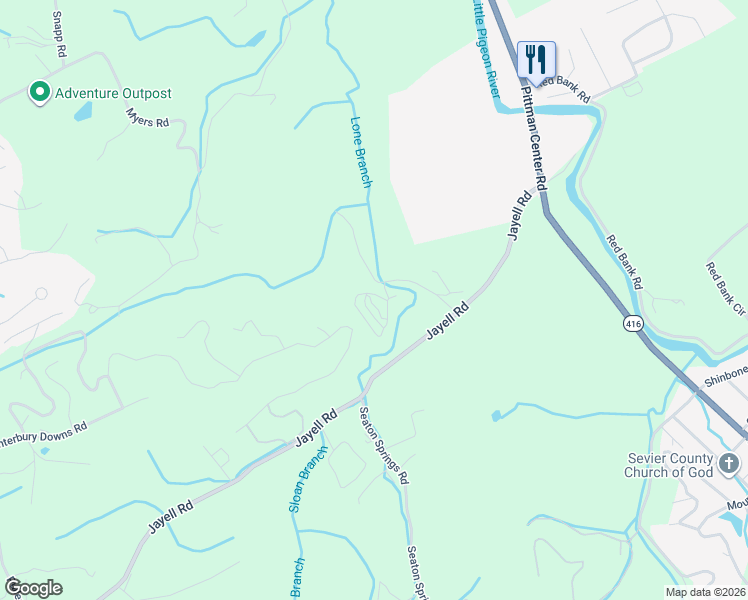 map of restaurants, bars, coffee shops, grocery stores, and more near 1815 Trout Way in Sevierville