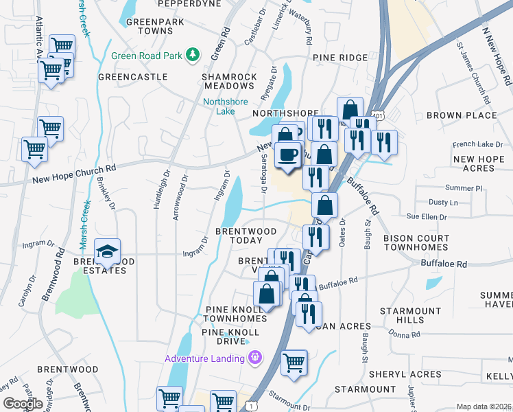 map of restaurants, bars, coffee shops, grocery stores, and more near 3908 Old Creek Court in Raleigh