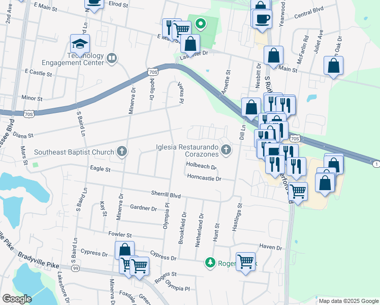 map of restaurants, bars, coffee shops, grocery stores, and more near 2123 Horncastle Drive in Murfreesboro