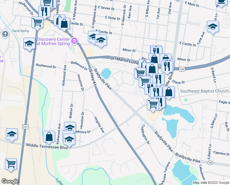 map of restaurants, bars, coffee shops, grocery stores, and more near 805 Bradyville Pike in Murfreesboro