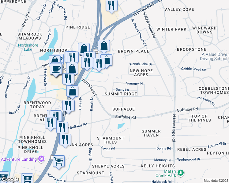 map of restaurants, bars, coffee shops, grocery stores, and more near 3904 Falmouth Drive in Raleigh