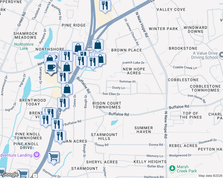 map of restaurants, bars, coffee shops, grocery stores, and more near 3708 Dusty Lane in Raleigh