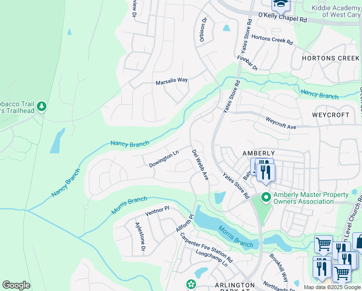 map of restaurants, bars, coffee shops, grocery stores, and more near 110 Dowington Lane in Cary