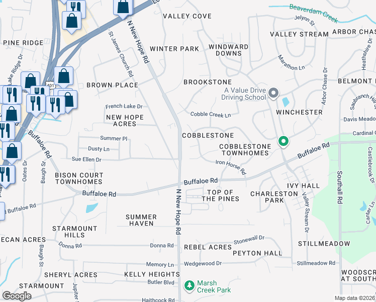 map of restaurants, bars, coffee shops, grocery stores, and more near 4108 Cobble Court in Raleigh