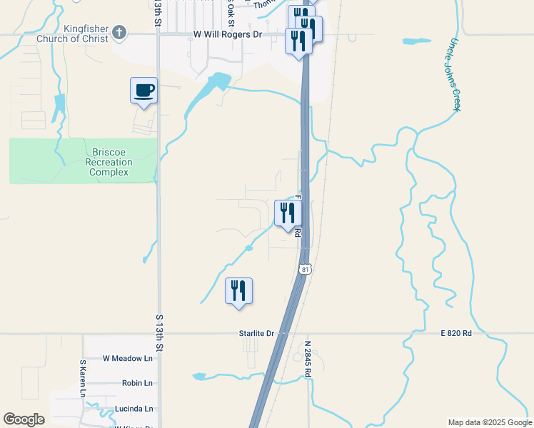 map of restaurants, bars, coffee shops, grocery stores, and more near 2308 South Mitchell Drive in Kingfisher
