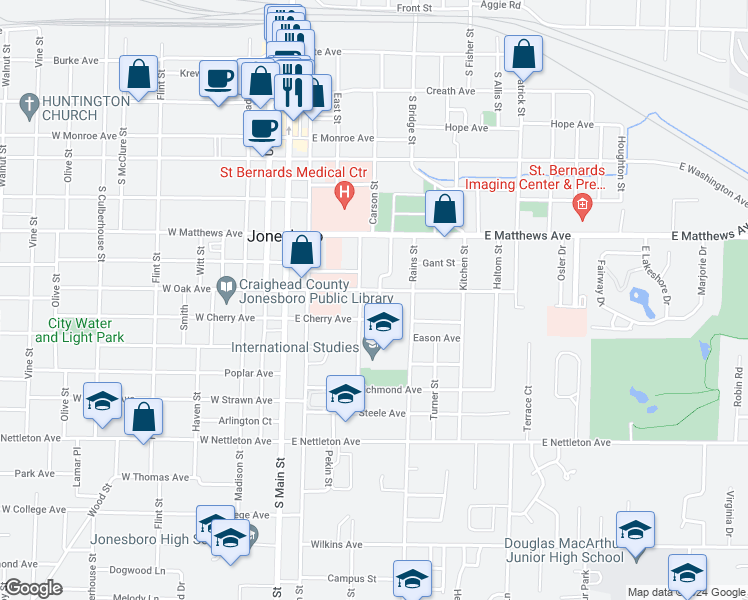 map of restaurants, bars, coffee shops, grocery stores, and more near 1001 Citizen Street in Jonesboro
