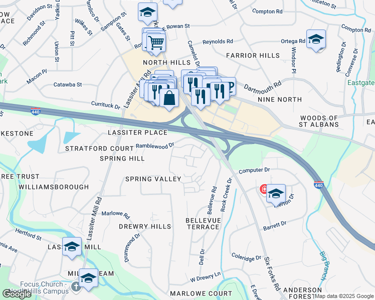map of restaurants, bars, coffee shops, grocery stores, and more near 411 Detrick Drive in Raleigh