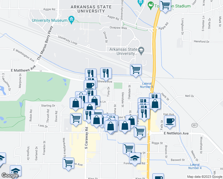 map of restaurants, bars, coffee shops, grocery stores, and more near 907 Markle Street in Jonesboro