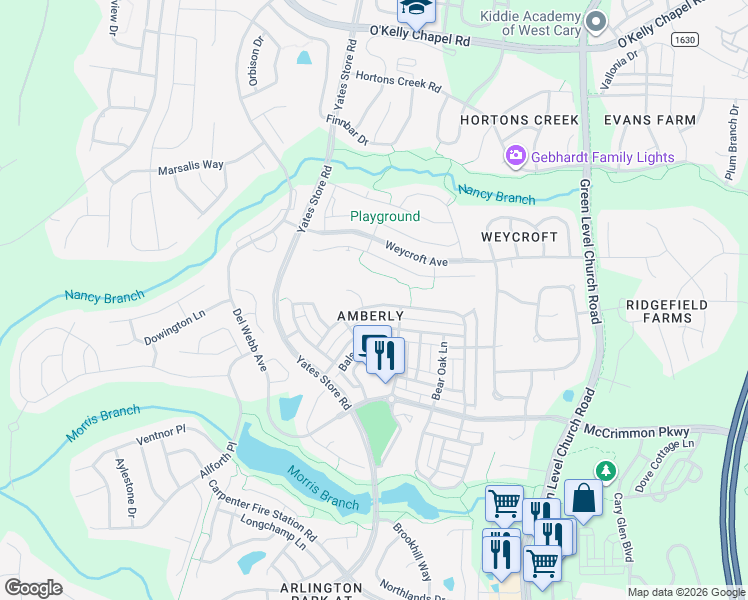 map of restaurants, bars, coffee shops, grocery stores, and more near in Cary