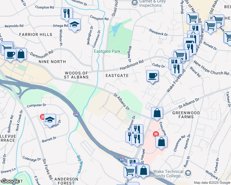map of restaurants, bars, coffee shops, grocery stores, and more near 903 Saint Albans Drive in Raleigh