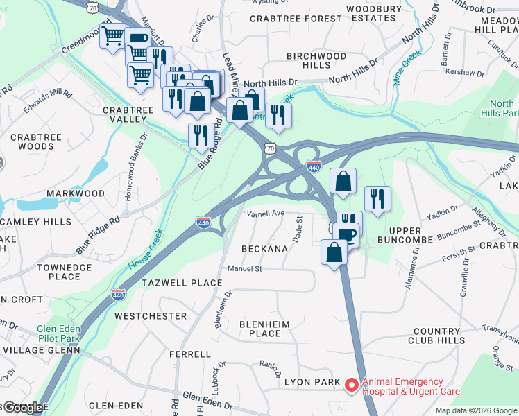 map of restaurants, bars, coffee shops, grocery stores, and more near 2016 Varnell Avenue in Raleigh