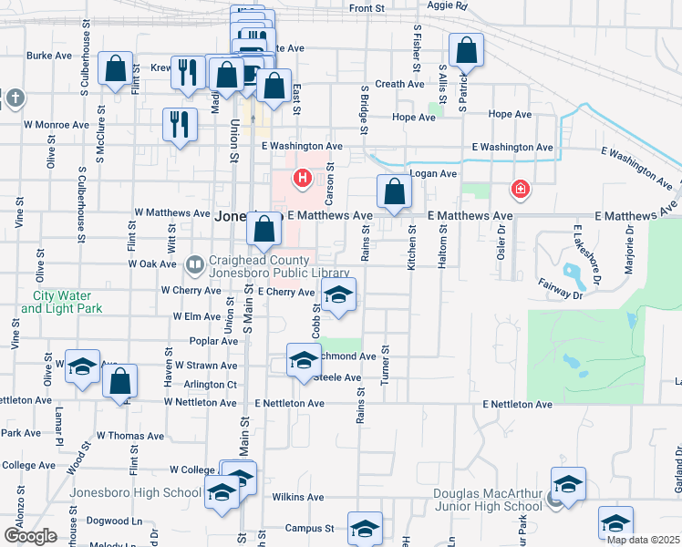map of restaurants, bars, coffee shops, grocery stores, and more near 531 East Oak Avenue in Jonesboro