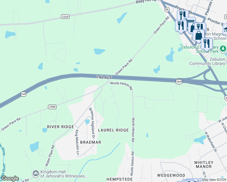 map of restaurants, bars, coffee shops, grocery stores, and more near 1005 Laurel Leaf Road in Zebulon