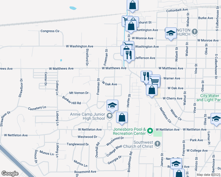 map of restaurants, bars, coffee shops, grocery stores, and more near 1003 Ferrell Street in Jonesboro