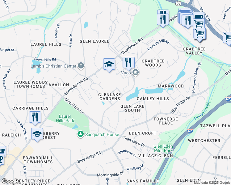 map of restaurants, bars, coffee shops, grocery stores, and more near 3924 Rock Rose Lane in Raleigh