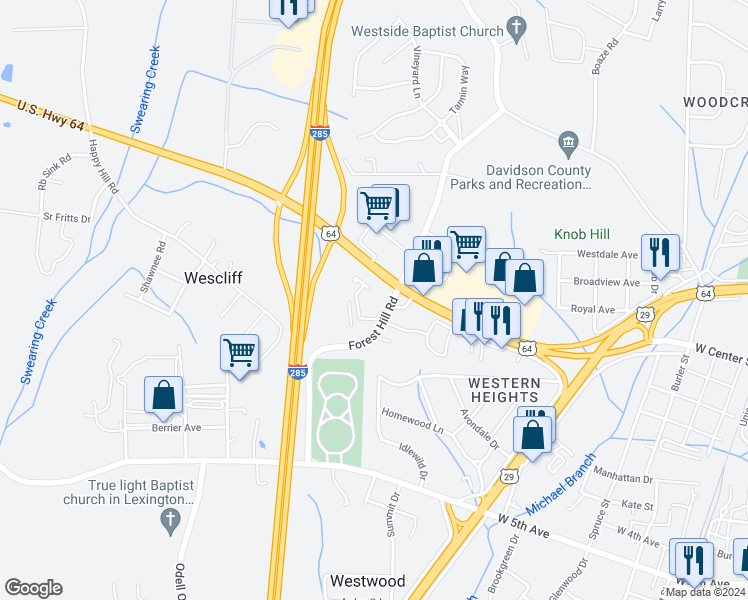 map of restaurants, bars, coffee shops, grocery stores, and more near 300 Forest Hill Road in Lexington