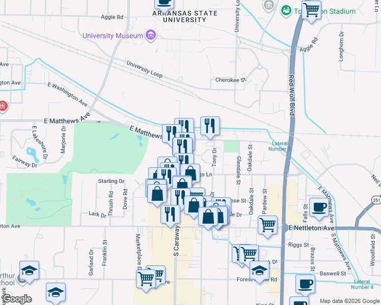 map of restaurants, bars, coffee shops, grocery stores, and more near 828 South Caraway Road in Jonesboro