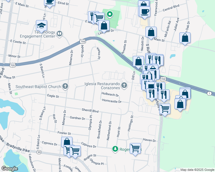 map of restaurants, bars, coffee shops, grocery stores, and more near 2123 Horncastle Drive in Murfreesboro