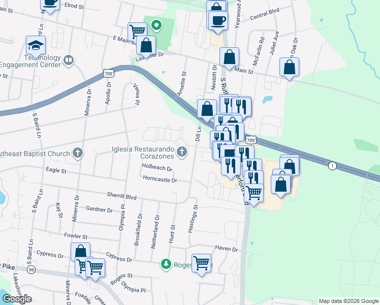 map of restaurants, bars, coffee shops, grocery stores, and more near 606 Dill Lane in Murfreesboro