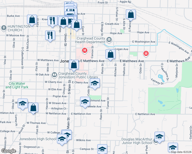map of restaurants, bars, coffee shops, grocery stores, and more near 519 East Oak Avenue in Jonesboro