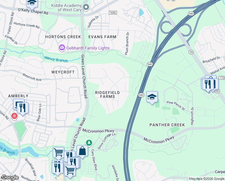 map of restaurants, bars, coffee shops, grocery stores, and more near 1404 Cavalcade Drive in Cary