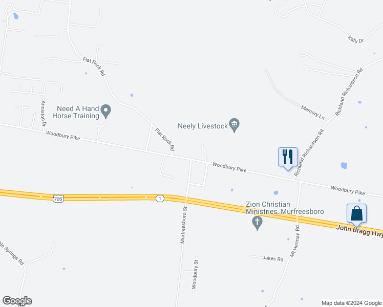 map of restaurants, bars, coffee shops, grocery stores, and more near 4109 Woodbury Pike in Murfreesboro