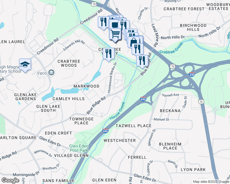map of restaurants, bars, coffee shops, grocery stores, and more near 3935 Blue Ridge Road in Raleigh