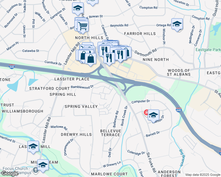 map of restaurants, bars, coffee shops, grocery stores, and more near 441 Allister Drive in Raleigh
