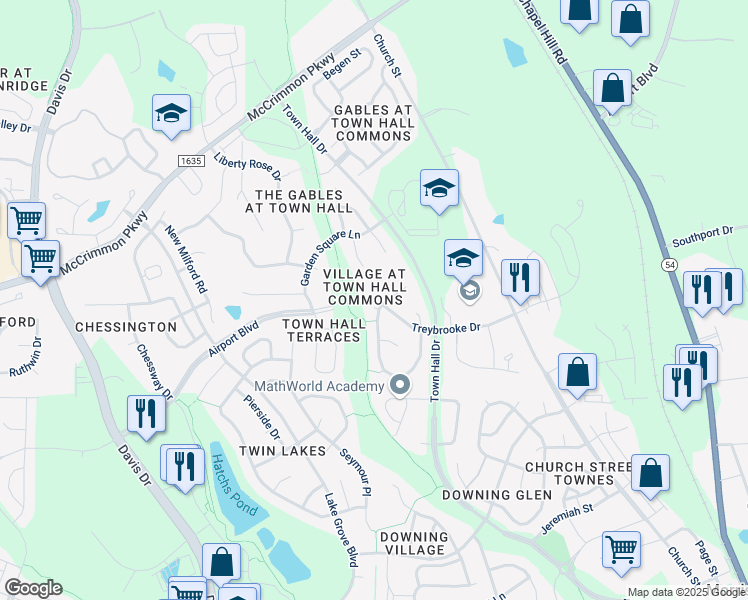 map of restaurants, bars, coffee shops, grocery stores, and more near 103 State House Drive in Morrisville