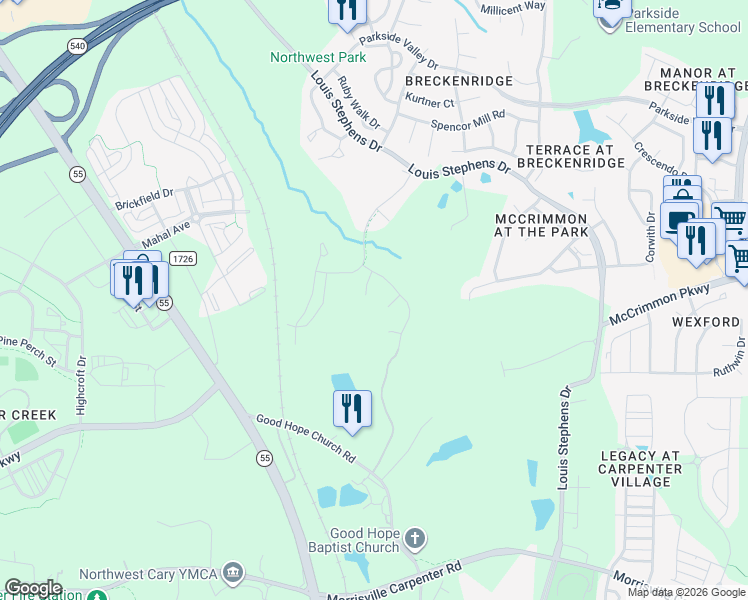 map of restaurants, bars, coffee shops, grocery stores, and more near 129 Carter Grove Court in Morrisville